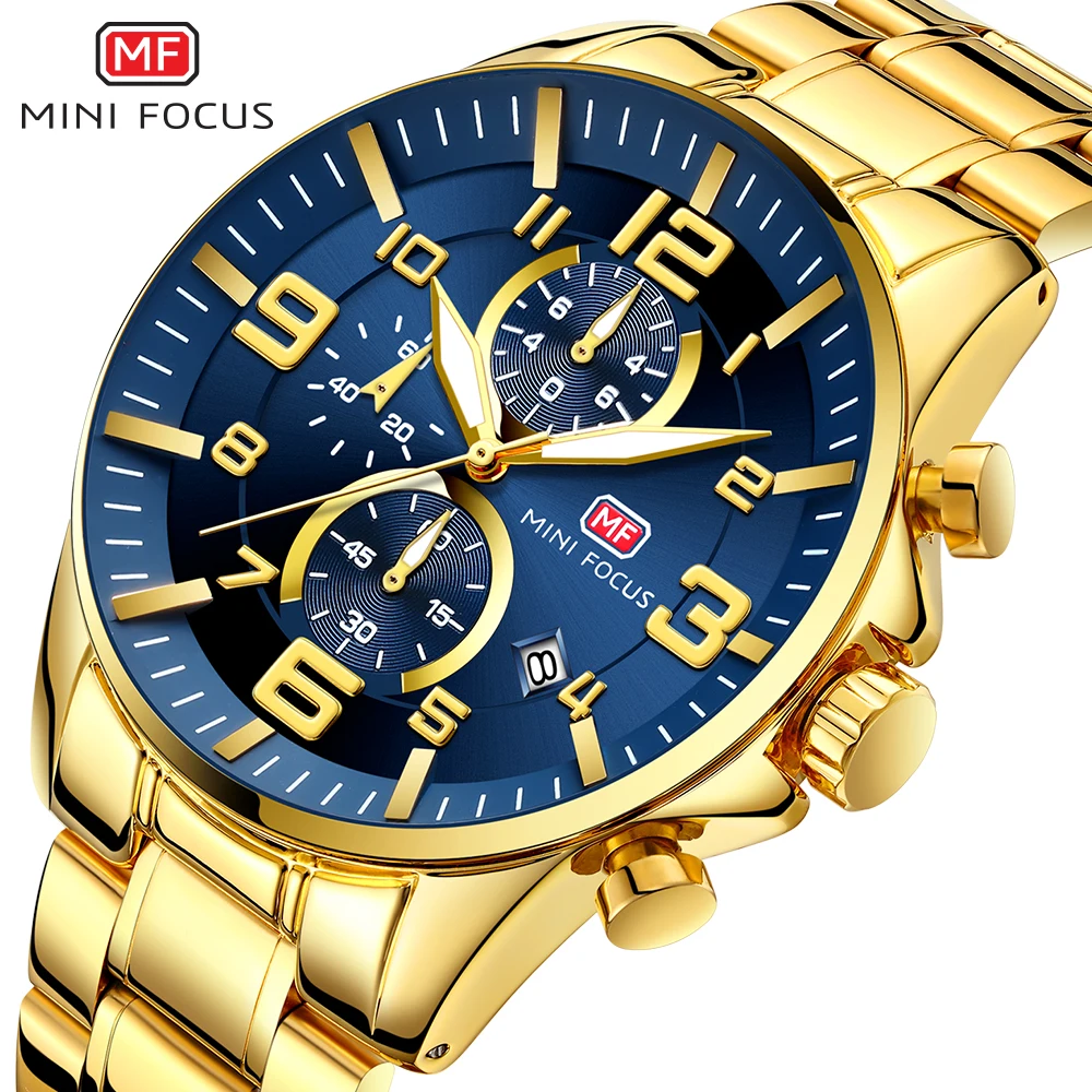 

MINI FOCUS Luxury Waterproof Gold Watch for Men Calendar Luminous Hands Sports Quartz Chronograph Watches Stainless Steel Strap