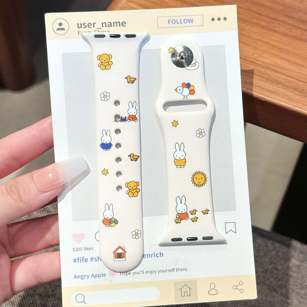 Фото Kawaii Miffy Iwatch S1/2/3/4/5/6/7/8/9/10/SE/Ultra1/2 ремешок для часов с циферблатом, защитный чехол, милый ремешок для часов, силиконовый чехол для девочки, подарок №2