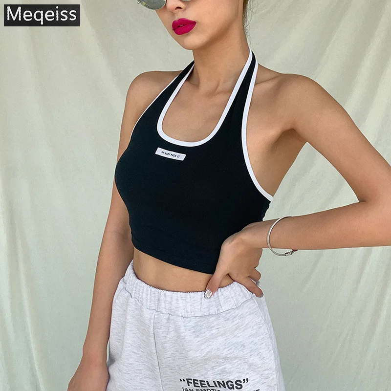 

Meqeiss summer bodycon sleeveless halter cotton simple tees top 2021 woman Basic leisure streetweat t-shirt top black/navy blue