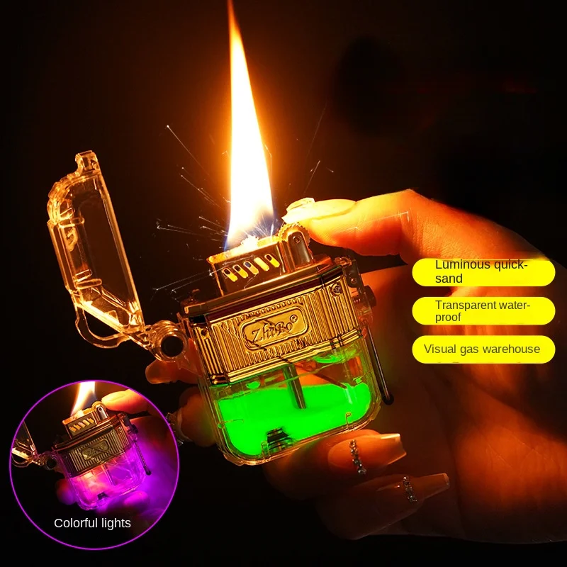 

New Transparent Quicksand Kerosene Lighter Inflated Outdoor Waterproof Windproof Gasoline Lighters Accessories Creative Gift