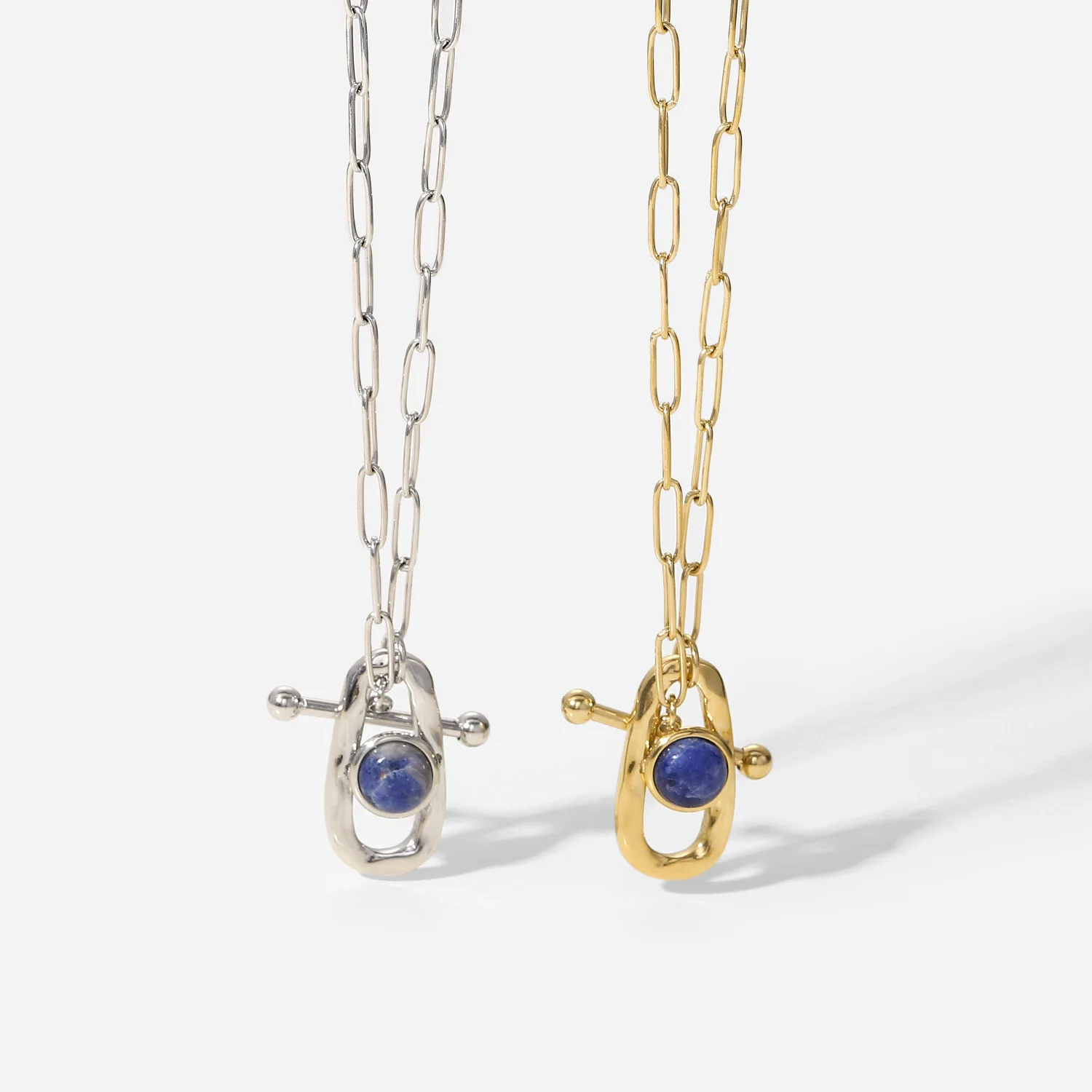 

Модное женское ожерелье из золотой нержавеющей стали 14k Ot Серебряная Пряжка в форме натурального синего полосатого камня Подвеска на половину цепи ожерелье
