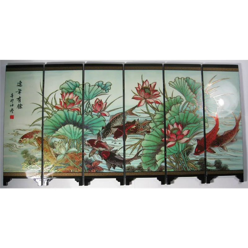 Home Desk Beautifully Decorated With Lotus Fish 6 Flap Folding Screen  Good Luck Every Year Jewelry Ornaments