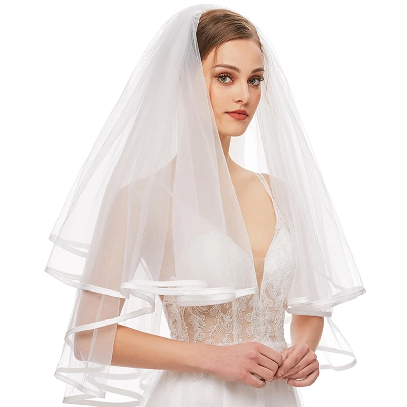 

2-Tier Wedding Veil Elbow Length Elegant Sheer Tulle with Ribbon Edge Metal Comb Headwear Short Veils for Brides