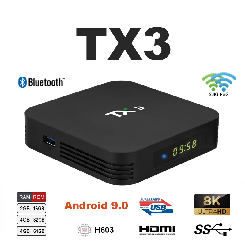 ТВ-приставка Tanix TX3, Android 9,0, Amlogic S905X3, 8K, 4 + 32/64 ГБ, 2,4/5 ГГц, Wi-Fi ТВ-приставка Tanix TX3, Android 9,0, Amlogic S905X3, 8K, 4 + 32/64 ГБ, 2,4/5 ГГц, Wi-Fi