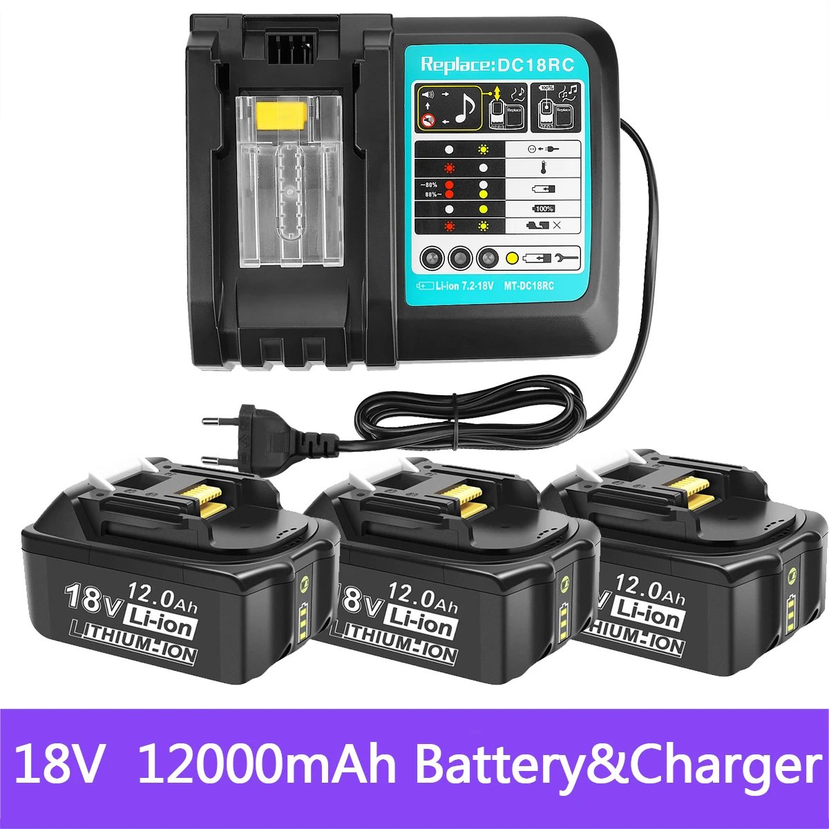 

For Makita 18V 12000mAh Rechargeable Power Tools Battery with LED Li-ion Replacement LXT BL1860B BL1860 BL1850+3A Charger
