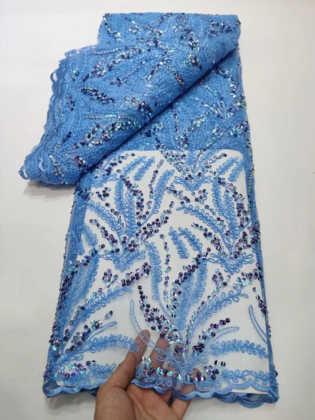 

African Design Sky Blue Milk Silk Sequins Lace Fabric 2022 High Quality French Tulle Lace Nigeria For Evening Party Cloth Dress