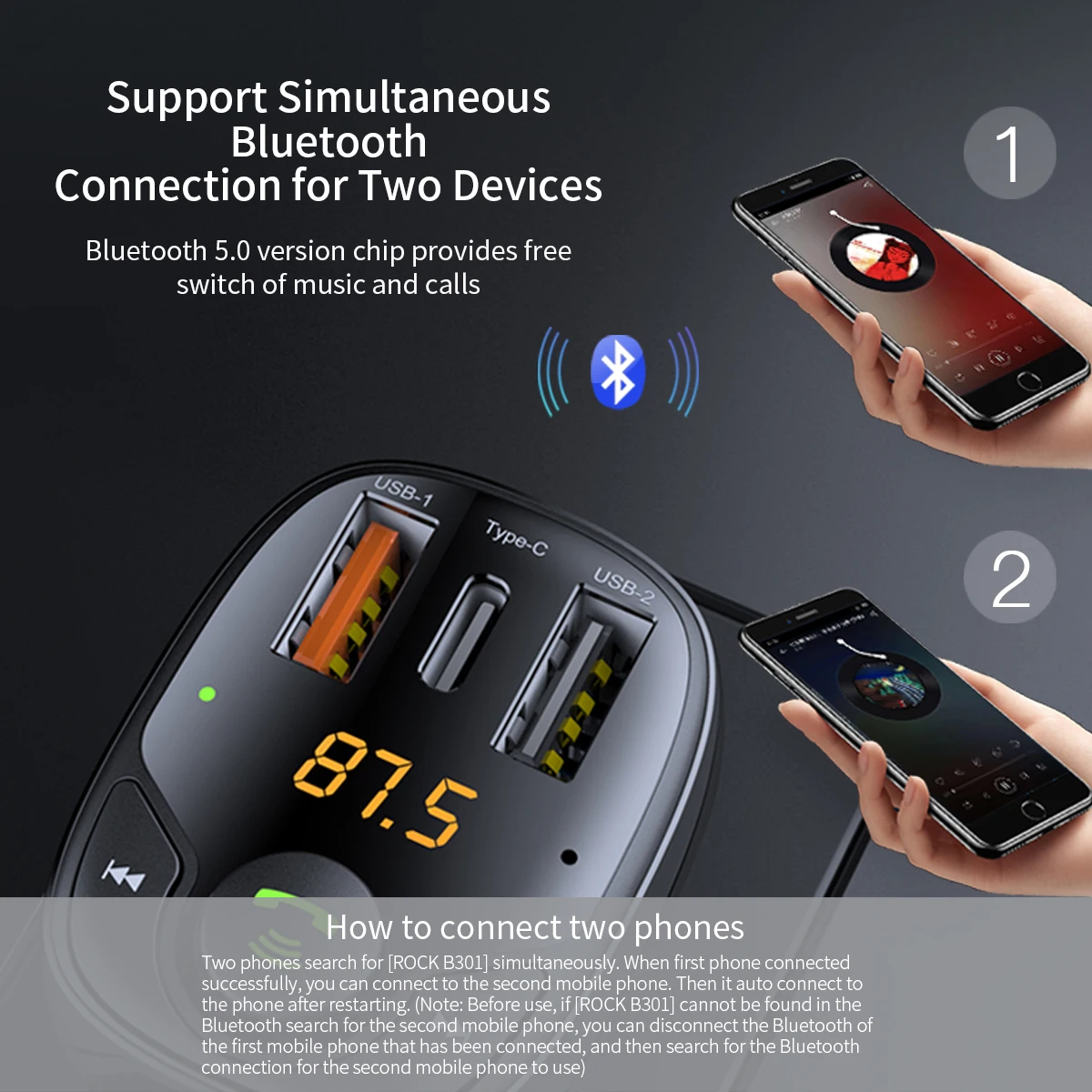 ROCK Car Bluetooth Kit FM Transmitter Handsfree Calling 5V 3A 36W Dual USB Type-C PD Output Car Charger MP3 Audio Player TF Card