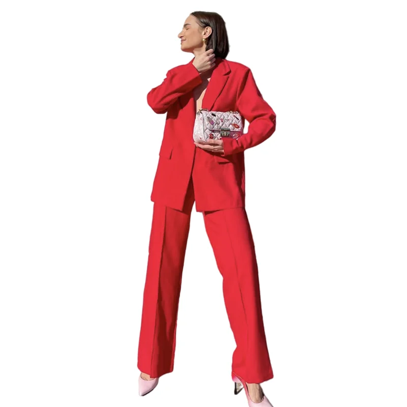 

Женские Элегантные красные костюмы, пиджак с отложным воротником и карманами на заказ, комплект из 2 предметов (пиджак + брюки), модная уличная одежда, повседневное пальто, наряд