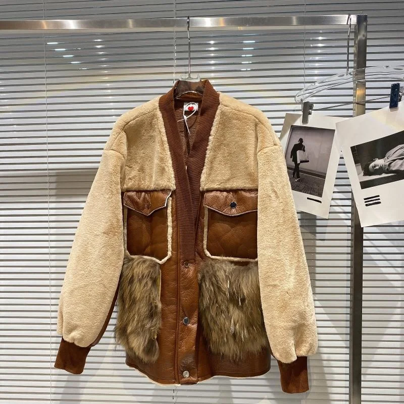 Winter Women Clothes Heavy Fox Fur Stitching Fur Integrated Thick Warm Jacket Streetwear Loose Temperament Leather Coat Abrigos