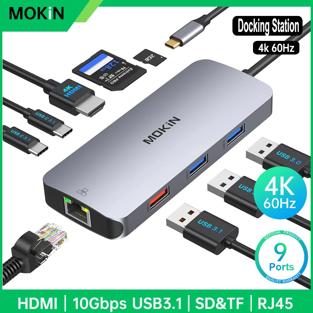 

Док-станция MOKiN USB C Hub с несколькими портами, SD/TF-картами, RJ45,USB3.1 ,VGA, аудио, 100 Вт PD для MacBook air Pro ipad, адаптер USB C 10gps