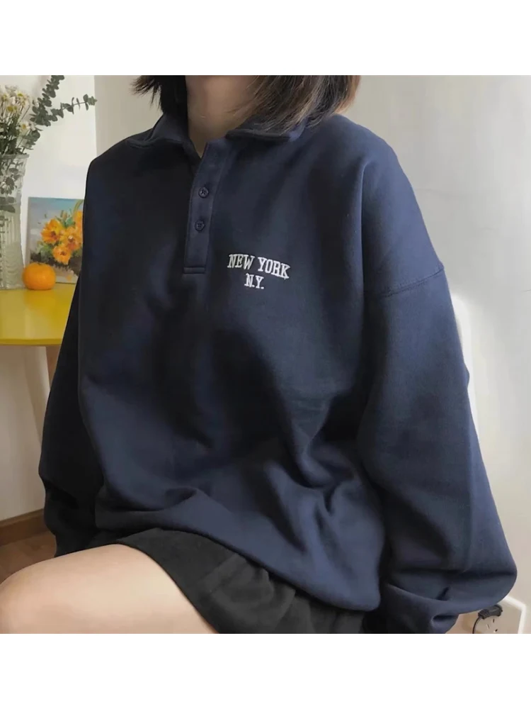 Свитшот женский с воротником-поло повседневный темно-синий свитшот на пуговицах