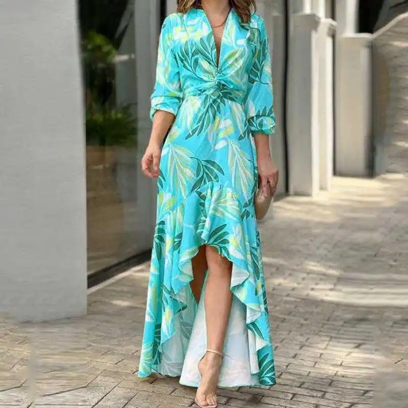 

Womens Summer Printed Dresses V Neck Sleeve Fashion Waist Controlled Irregular Dress