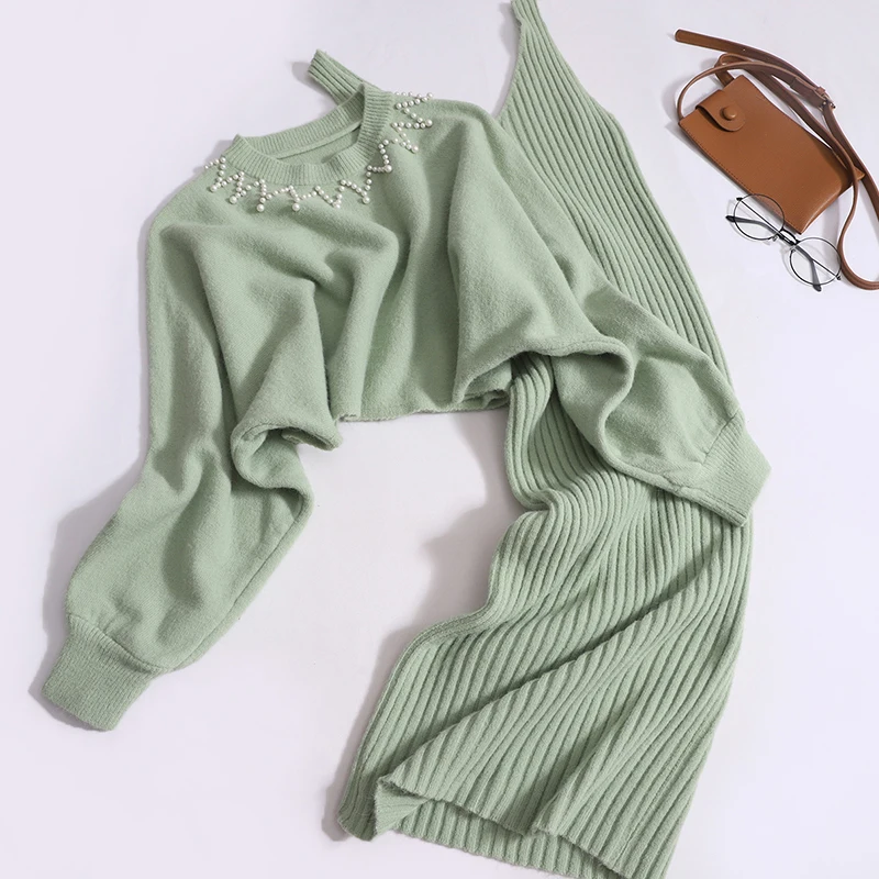 

Winter Elegant O Neck Beaded Dress Sets Women High Waist Short Sweater Two Piece Spicy Girl V-Neck Knitted Dress Lady 2-piece