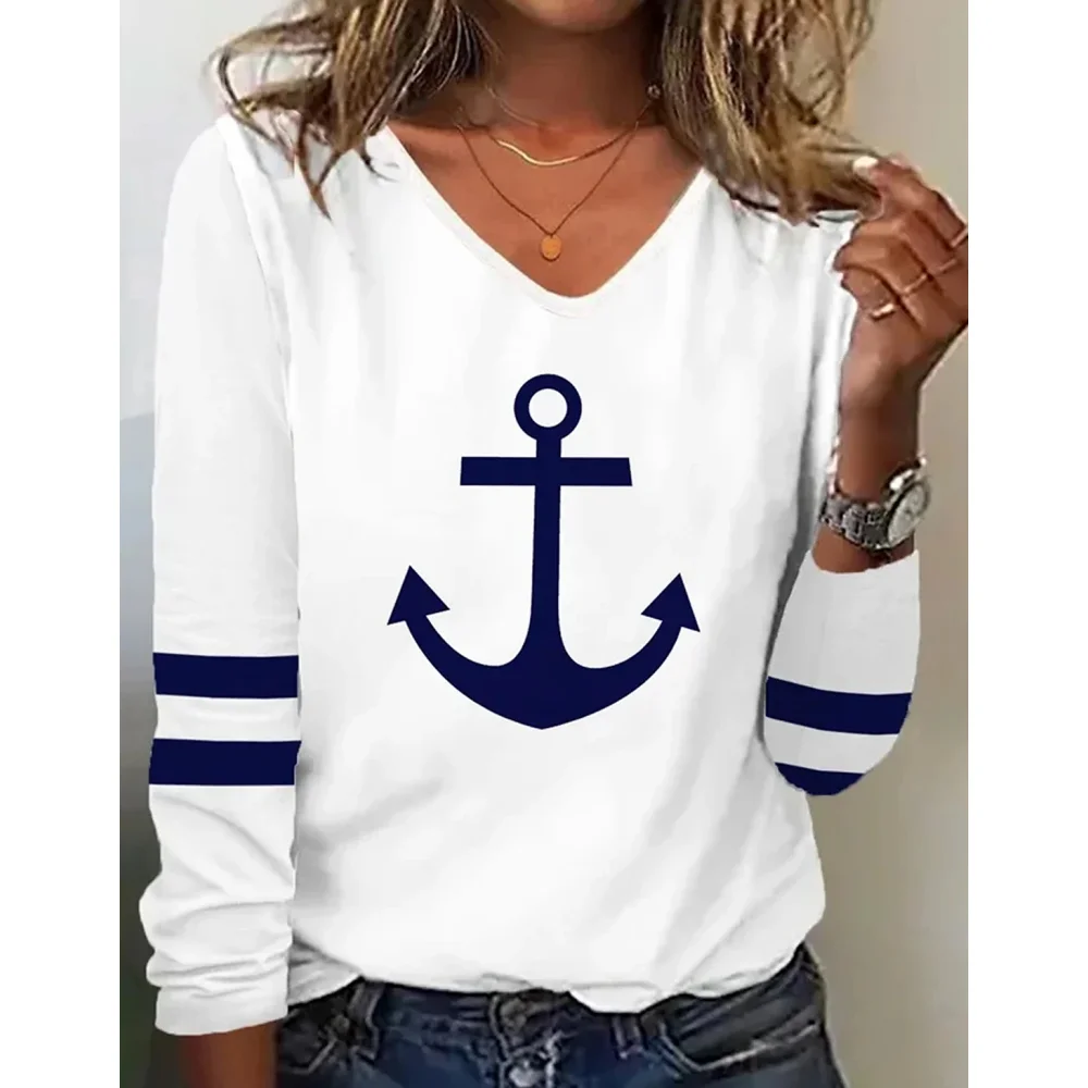 

Women‘S Long Sleeves T-Shirts 3d Anchor Print Tops Casual Fashion O-Neck Tees Summer Woman Oversized Long Sleeved Clothing 2023