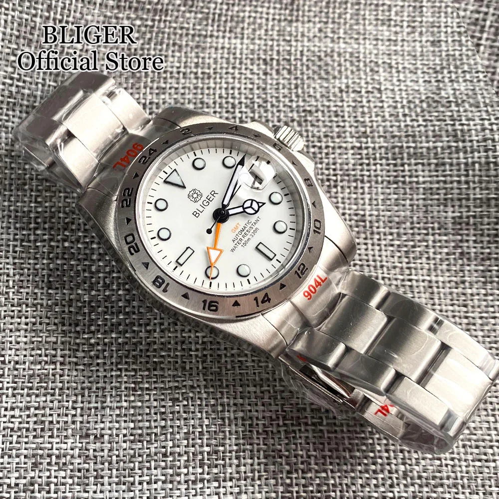 Мужские механические часы BLIGER NH34 GMT с белым циферблатом и сапфировым стеклом
