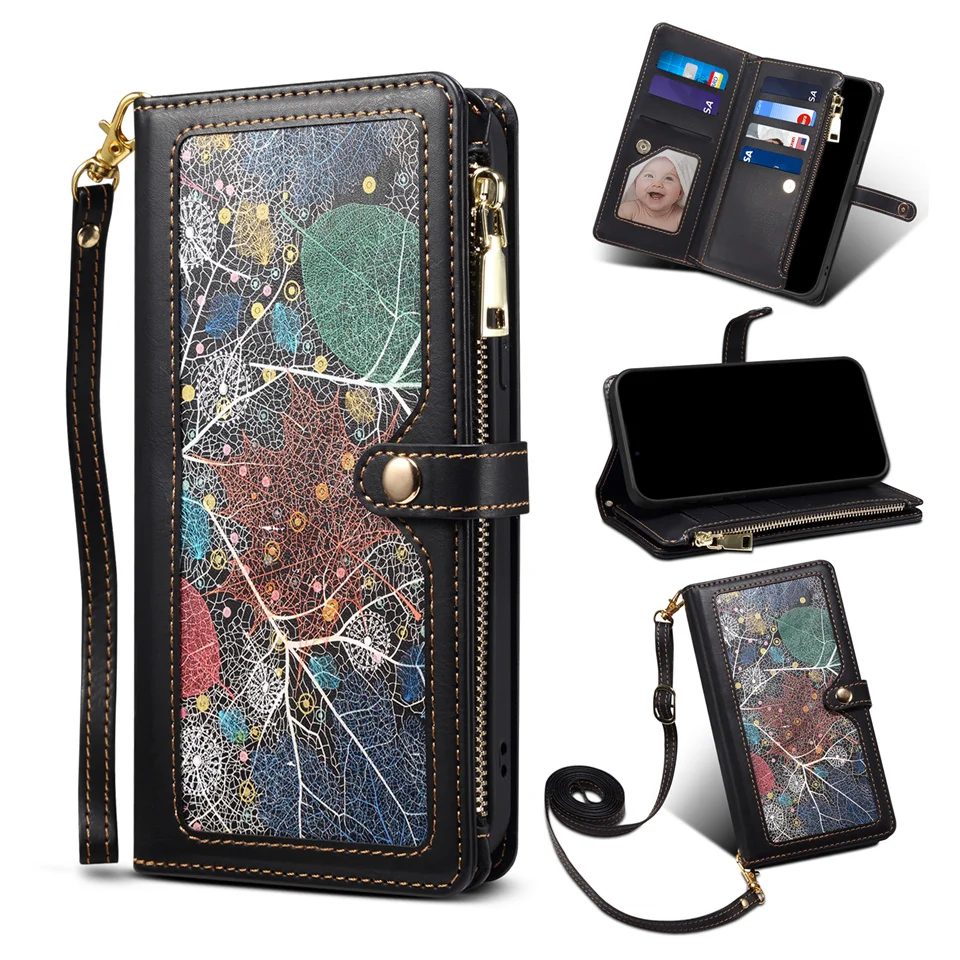 

Retro Lanyard Zipper Multi Card Wallet Case For samsung galaxy S22 S21 FE S20 PLUS NOTE 20 Ultra A13 33 53 73 52 32 12 5G Cover