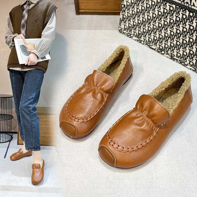 

Осень-зима 2022 новинка Женская обувь в британском стиле из овечьей шерсти студенческие Туфли с круглым носком на одной ноге с мягкой подошво...