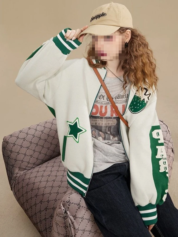 

Preppy Style Sweet Knitted Cardigan Fashion All Match Print Patchwork O Neck Jackets Casual Loose Oversized Zipper Women Coats