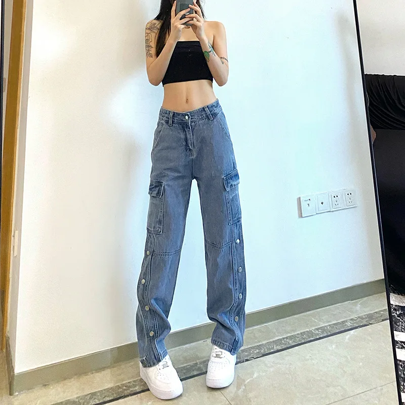 

Женский джинсовый комбинезон с карманами, джинсовый комбинезон в винтажном стиле, прямые брюки из денима с высокой талией в уличном стиле, в...