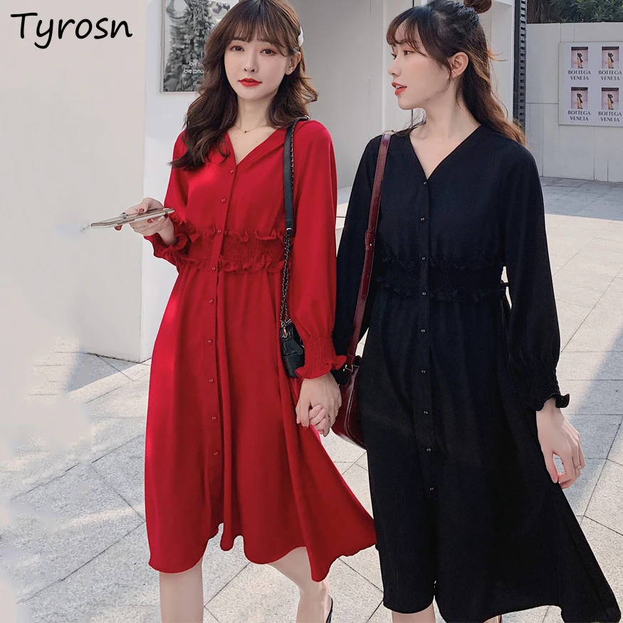 

Mid-calf Dresses Women Lantern Sleeve Solid Elegant Lady Ruffles Empire Waist A-line French Style Retro V-neck M-4XL Clothing