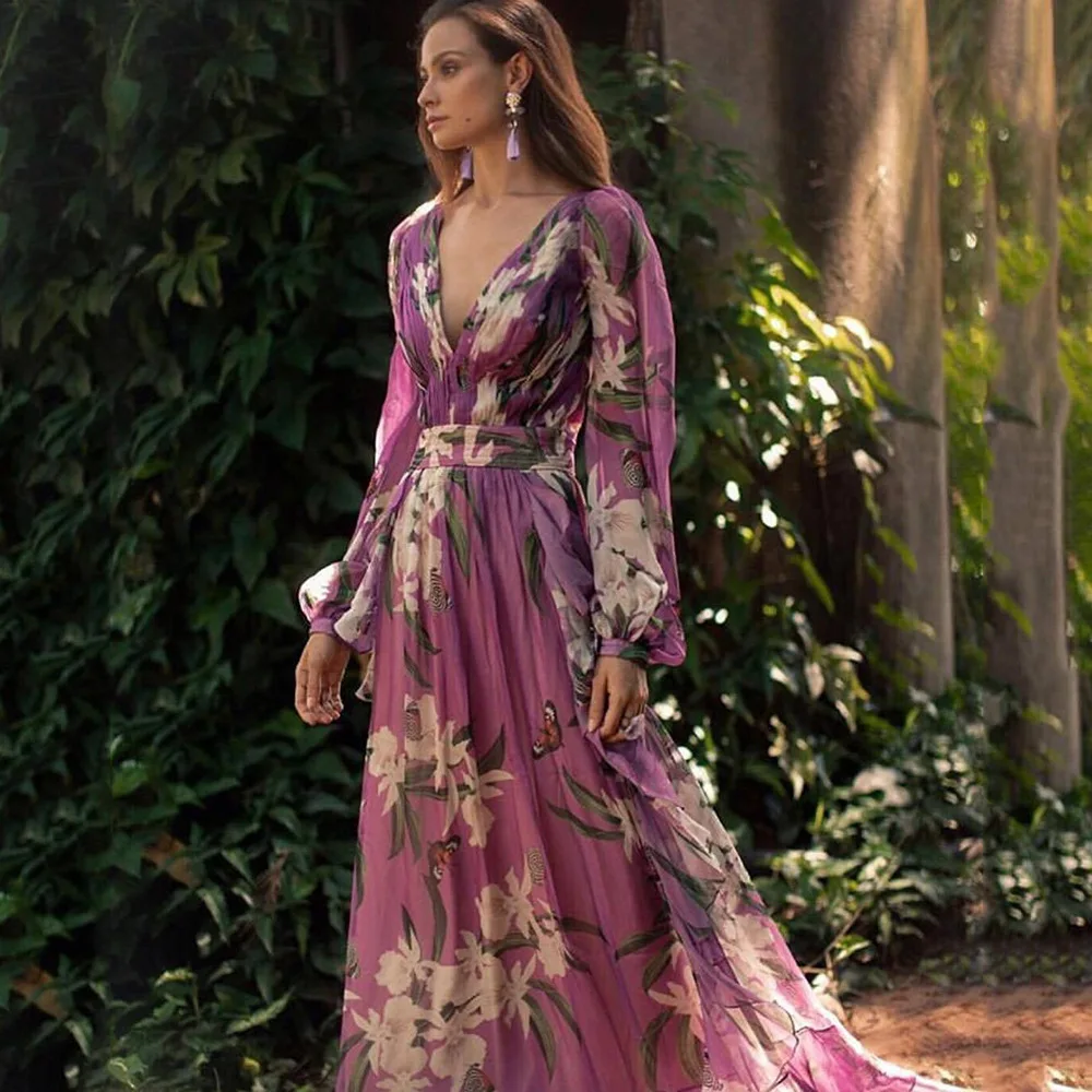 

2022 Early Autumn New Fashion Printing Simple Temperament V-neck Long-sleeved Dress Women