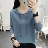 spring autumn women hollow out long sleeve t shirts female loose hooded solid color drawstring tops casual all match pullover