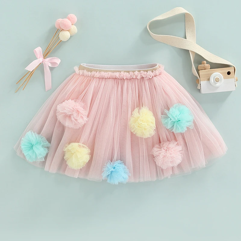 

0-3T Baby Girl Tulle Skirt Elastic Waist Multi-Layer Summer Casual Skirt With Decorative Ball Pink Ball Cute Fluffy Skirt