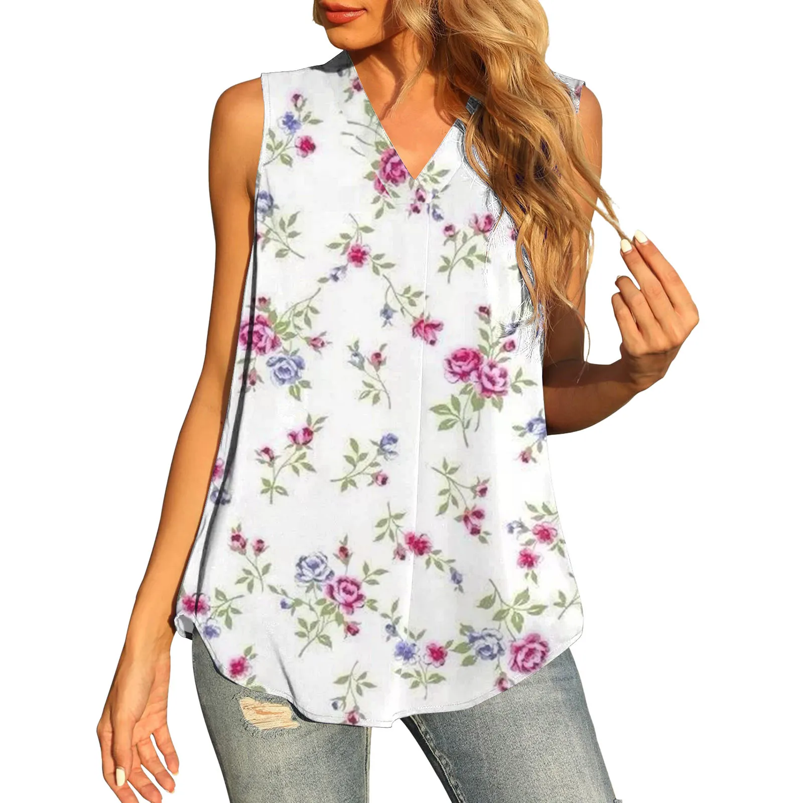 

Womens Sleeveless Blouses Floral Print Summer Tank Tops Blouse Loose Casual V Neck Blouses Shirt Oversized Boho Blusas Pullovers