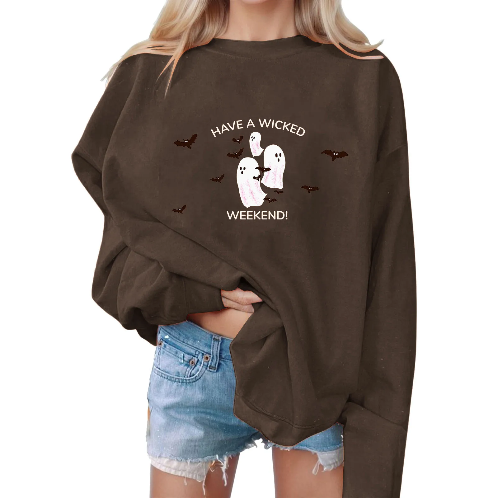 

Halloween Sweatshirts Womens Kawaii Ghost Print Loose Hoodies Harajuku Loose Crew Neck Tracksuits Leisure Pullovers Sudaderas