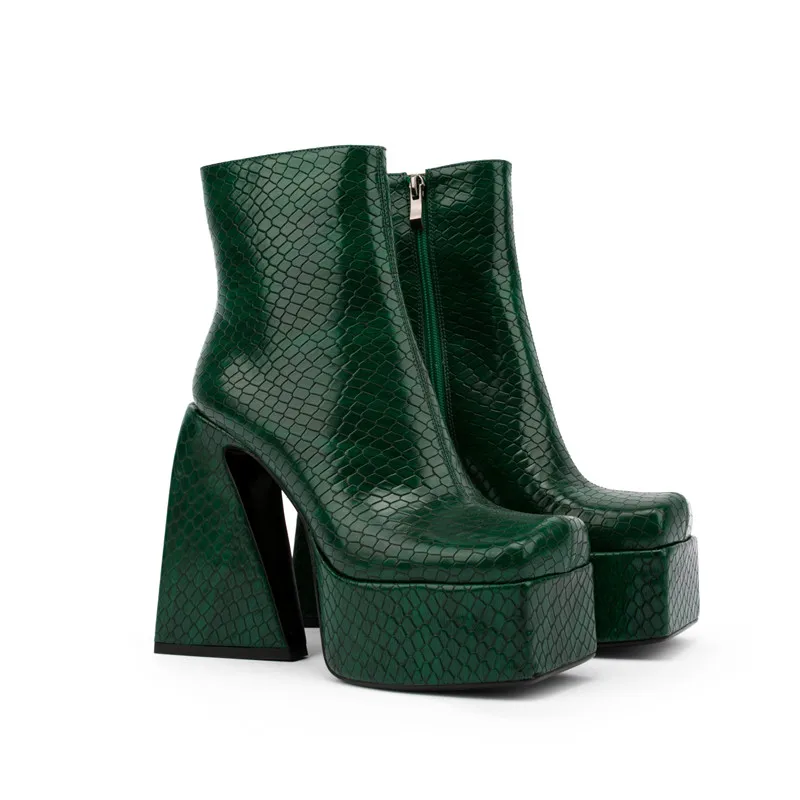 Ladies Square Toe Ankle Boots Brand New Thick Sole Horseshoe Heel Simple High Heels Stone Pattern Nude Boots Large Size 45