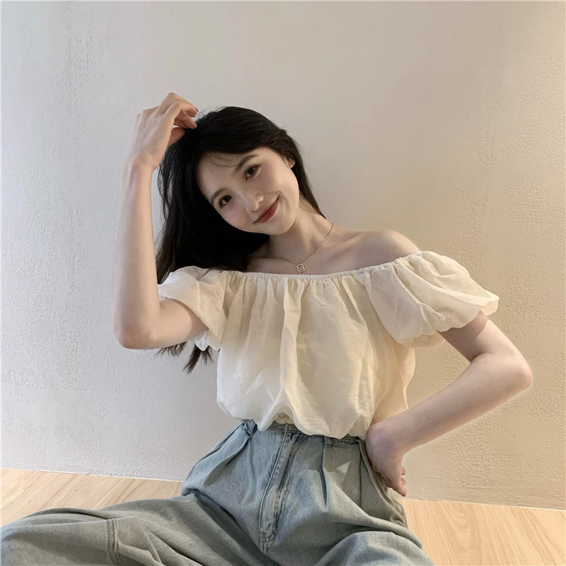

Real Shot Korean Version of Age-reducing Puff Sleeve One-shoulder Sweet Temperament Commuter Casual Short Short-sleeved Top