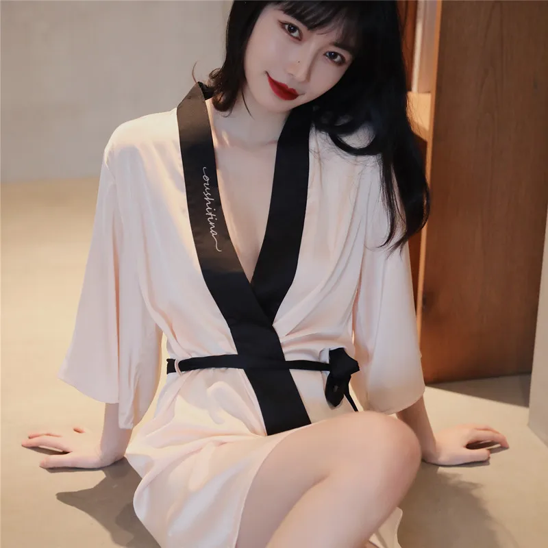 Women's Dressing Gown Night Dress Negligee 2 Pieces Sets Silk Robes Nightwear Satin Sleepwear Summer Sleep Sexy Pajamas Women