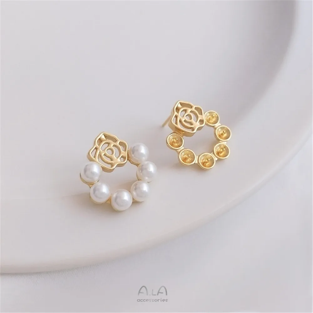 

14K gold clad rose round ring half hole bead holder earrings 925 silver ear pins diy handmade sticky pearl empty holder earrings