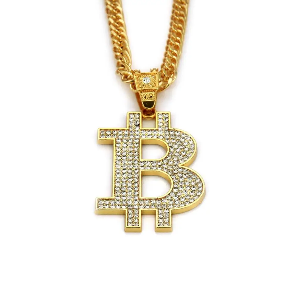 Хип-хоп Стразы с покрытием Bling Iced Out Золото Серебро Цвет Биткойн Подвески Ожерелье