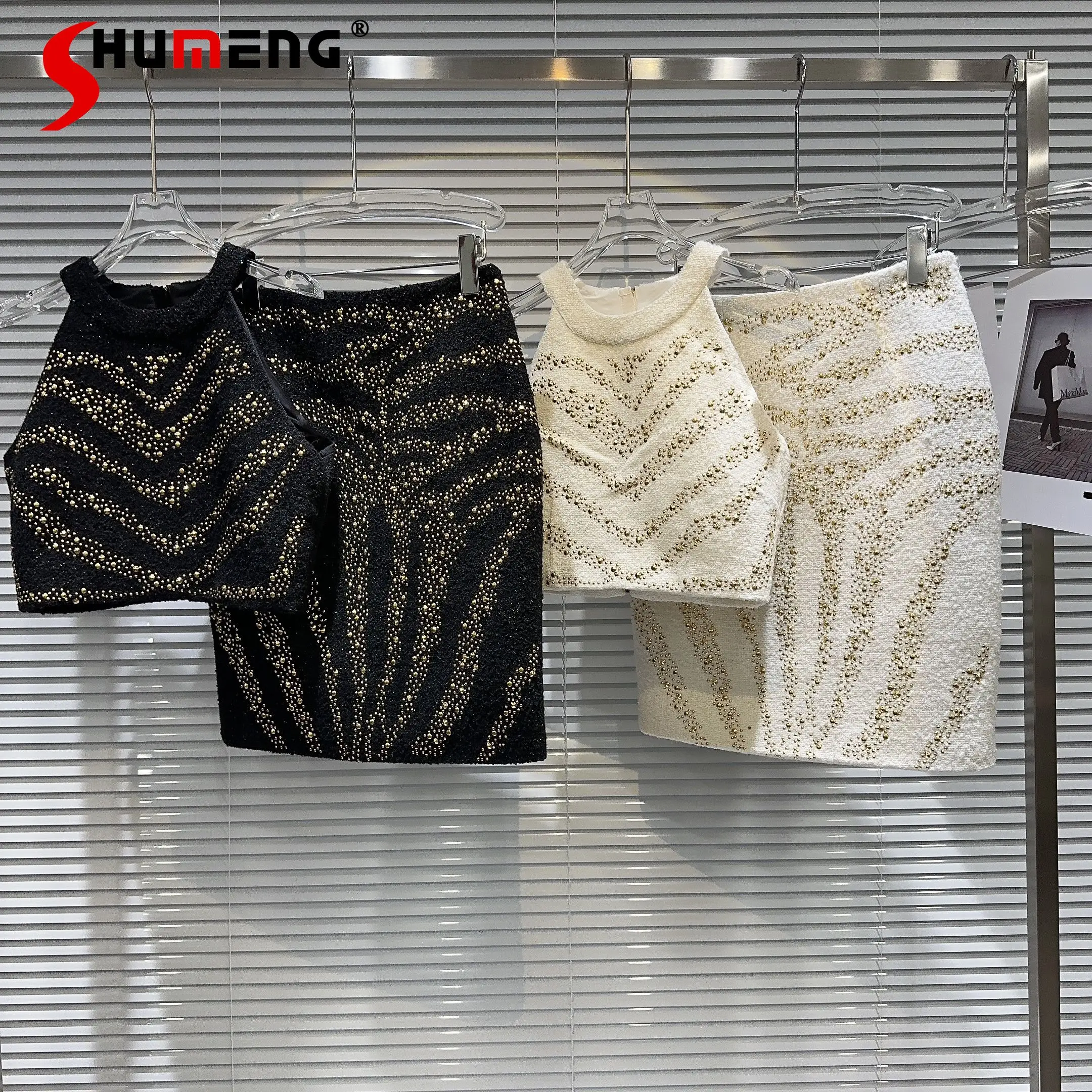 

New Autumn Package Skirt Sets Women's Two Piece Set New Golden Rivet Halterneck Vest + Tweed Skirt Ladies 2 Pieces Suit Outfits