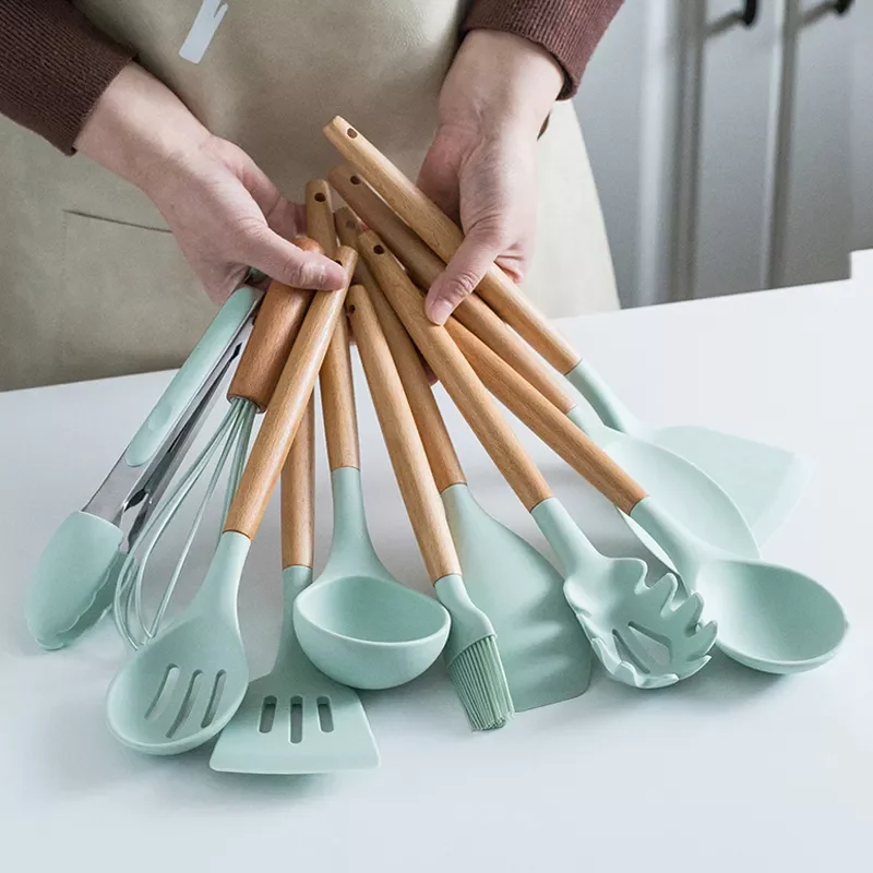 

2023 Silicone Kitchenware Cooking Utensils Set Non-stick Cookware Spatula Shovel Egg Beaters Wooden Handle Kitchen Cooking Tool