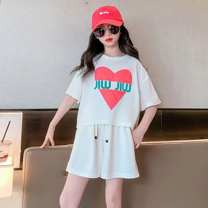 Летний костюм для девочек новинка 2024 Детская футболка с коротким рукавом + шорты