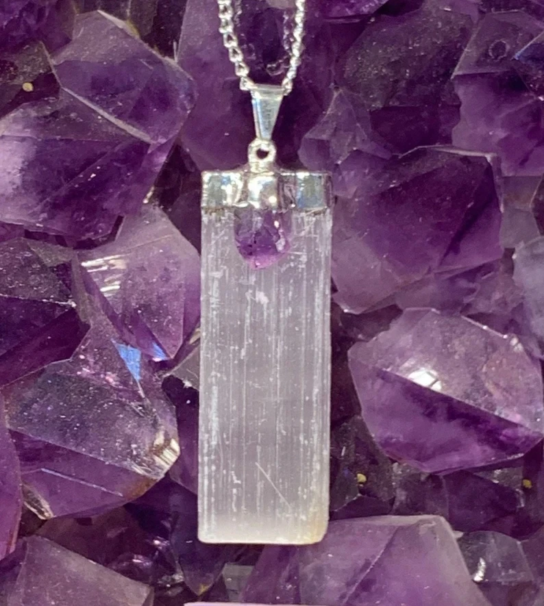 

Natural Selenite Stick Raw with Amethyst Pendant Crystal Necklace Quartz Healing Stone Reiki Gift Chakra Craft Gypsum Home Decor