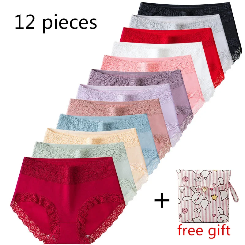

12PCS Women's Underwear Cotton Cute Sexy Comfortable Soft Lace Panties For Women Girl Briefs Seamless Lingerie Underwear & gift