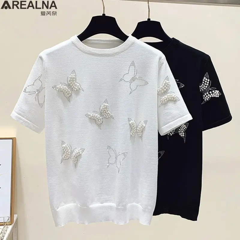 

Роскошный дизайнерский вязаный свитер с бабочкой и бусинами и коротким рукавом, женский модный тонкий повседневный джемпер в Корейском стиле, женская трикотажная одежда, лето 2023