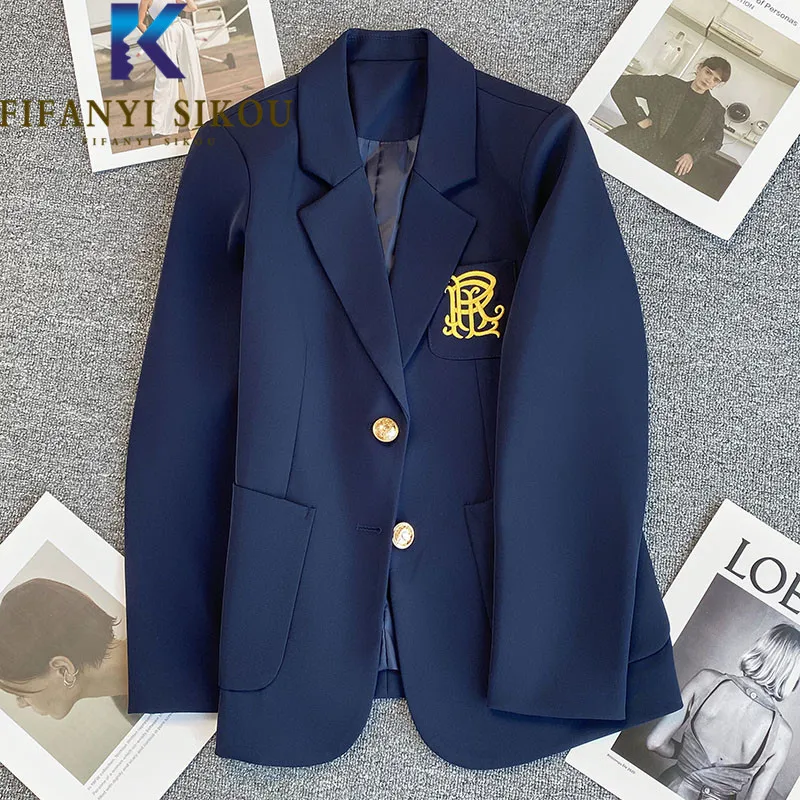 Navy Blue Blazer Jacket Women Single Breasted Pocket Embroidery Fashion Suit Jacket Ladies Casual Office Formal Blazers Coat