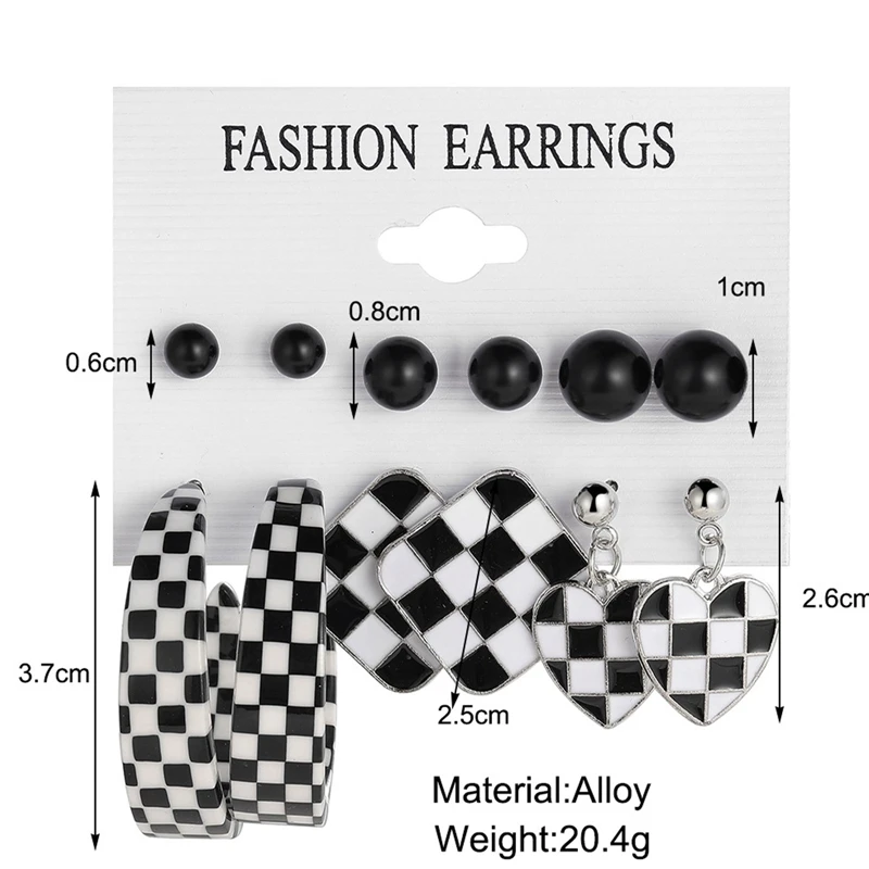 

6 Pair/set Simple Black White Color Stud Drop Hoop Earrings For Women Jewelry Set Female Accessories Gift