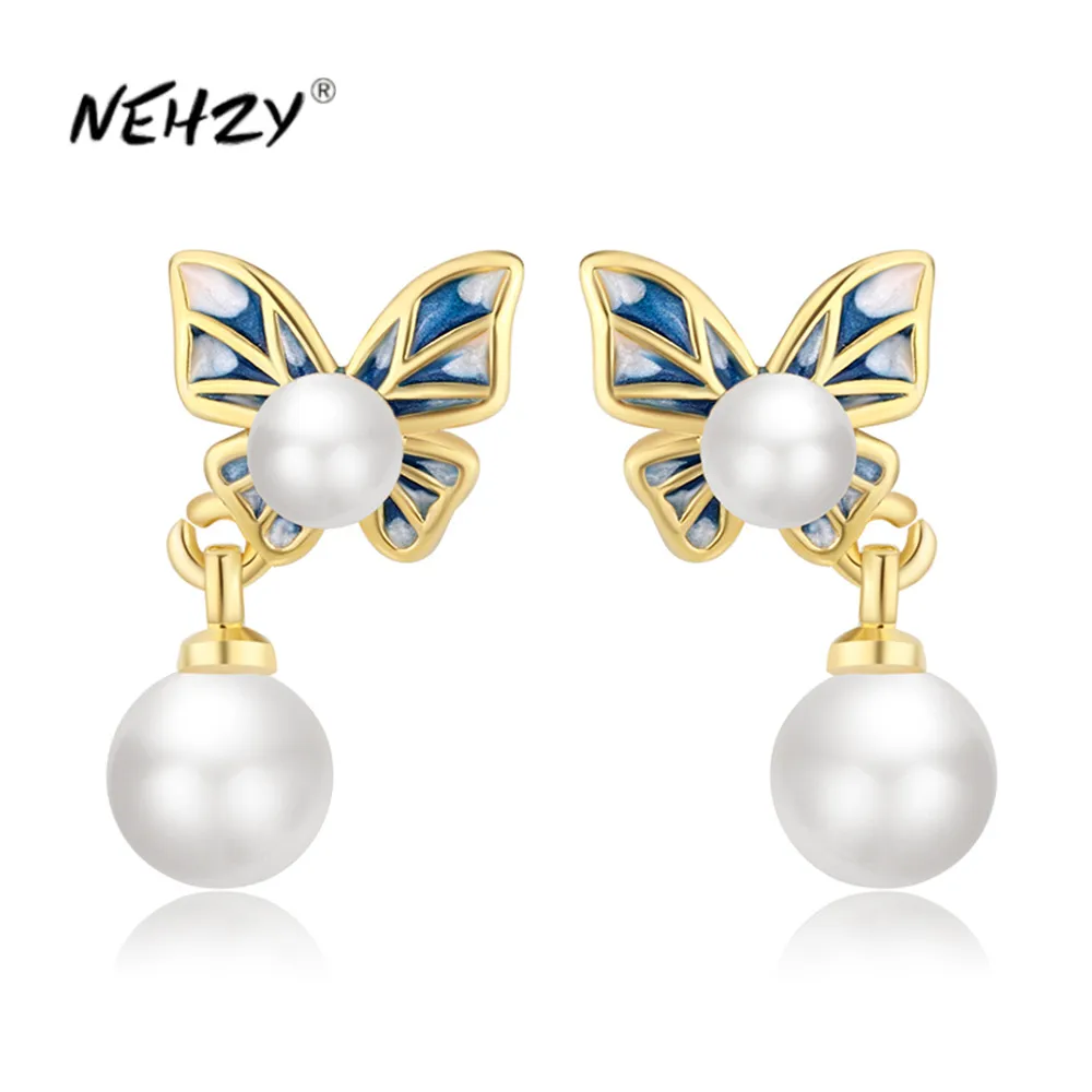 

NEHZY Silver plating New Women's Fashion Jewelry High Quality Gold Butterfly Simple Pearl Medium and Long Earrings
