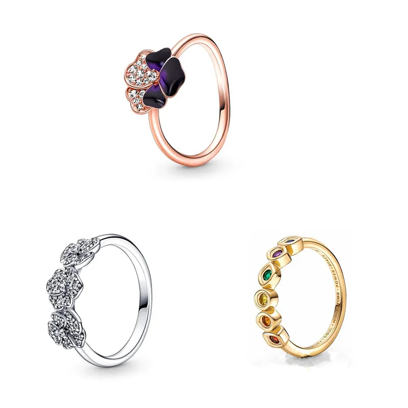 

Authentic 925 Sterling Silver Deep Purple Pansy Triple Pansy Flower Ring For Women Wedding Party Europe Fashion Jewelry