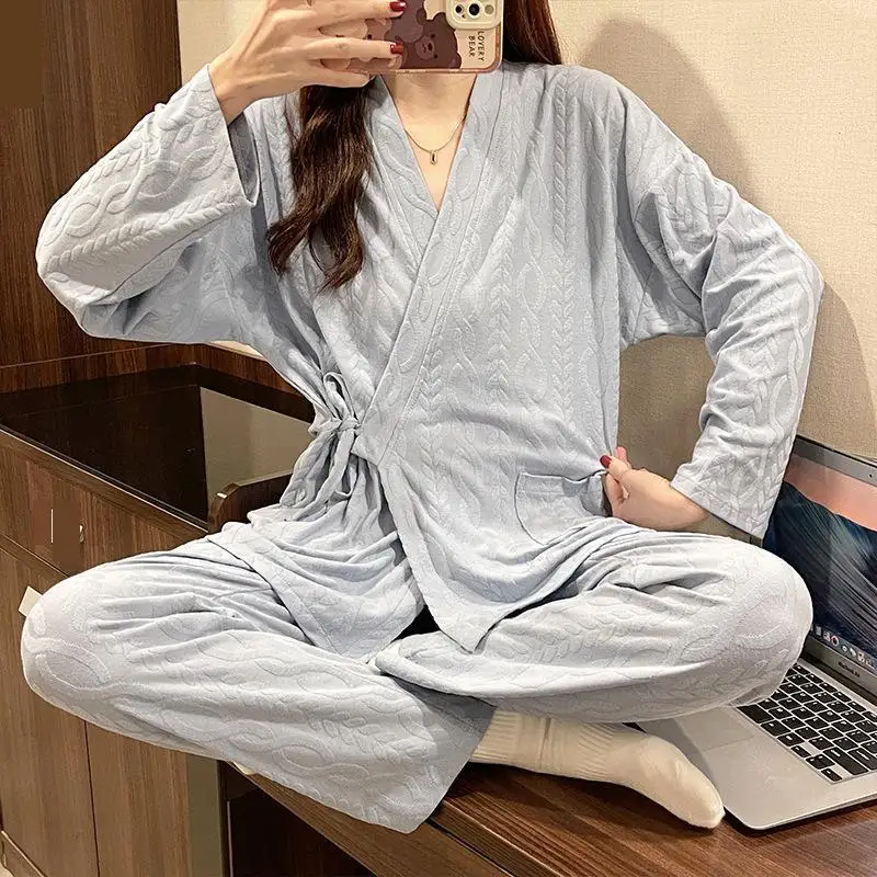 

Пижамный комплект с V-образным вырезом и длинным рукавом, Весенняя женская одежда для сна, одежда для сна, домашняя одежда, повседневная Осенняя Пижама, комплект для сна