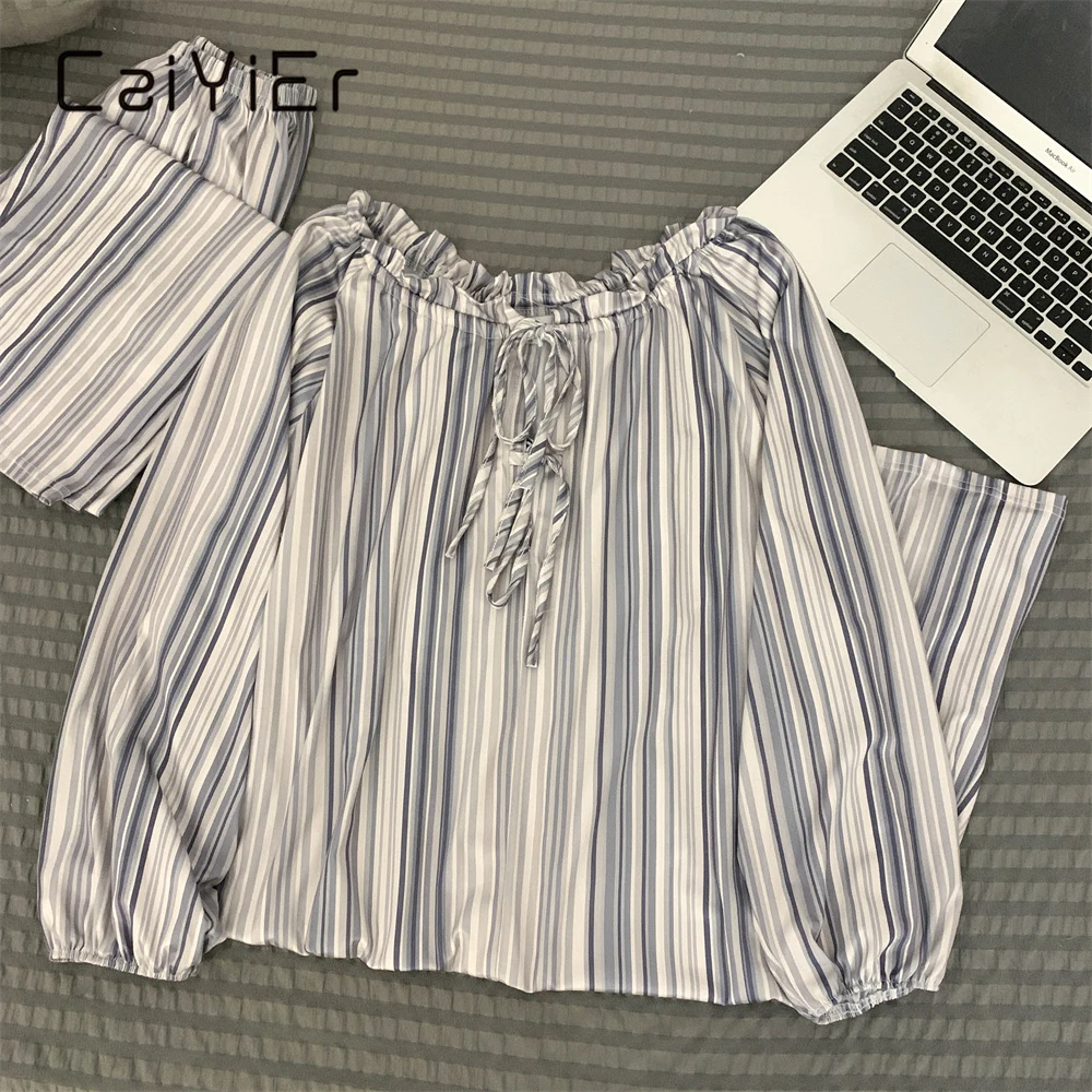 

CAIYIER Soft Korean Stripe Women Pajamas Set Autumn Winter Longer Coat + Long Pants Nightwear Two Piece Set Pyjamas Loungewear
