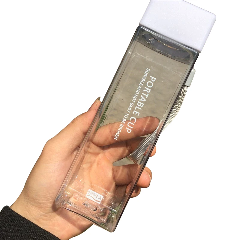 Transparent Plastic Water Bottle Square Milk Juice Bottle Cold Water Cup With Water Rope Outdoor Sports Cup Free Shipping 500ml