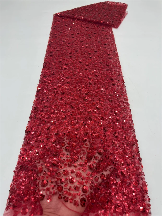 

High-End Handmade Beaded Lace Fabric Red Embroidery French Lace Wedding Dress Embroidered Aqua Tulle Fabric