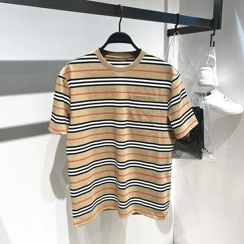 

Chao brand summer new fashion khaki striped sea soul shirt large size loose casual short sleeve T-shirt jacket