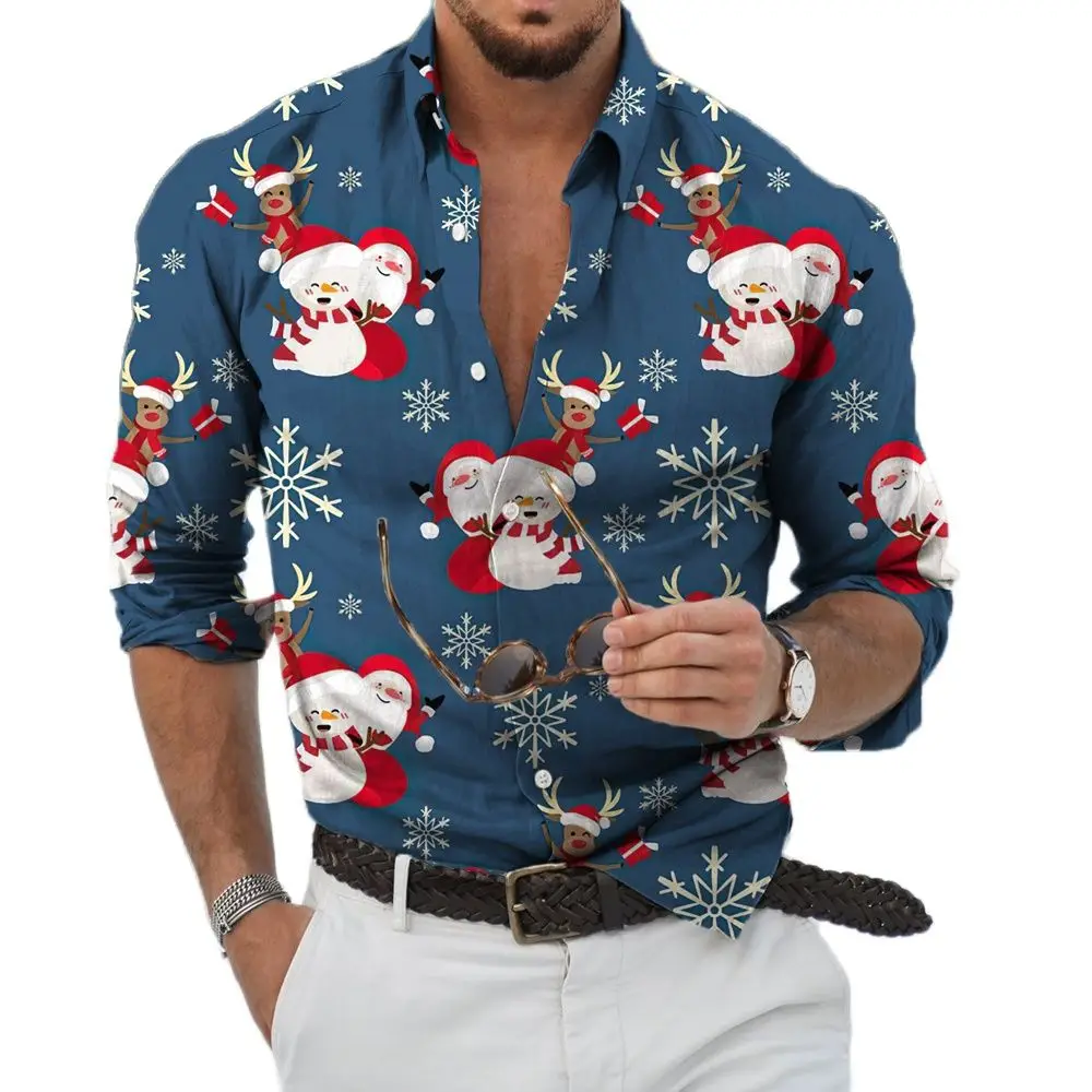 Autumn Fashion Men's Shirt Oversized Shirt Casual Christmas Print Long Sleeve Shirt Men's Clothing Cardigan Shirt High Quality